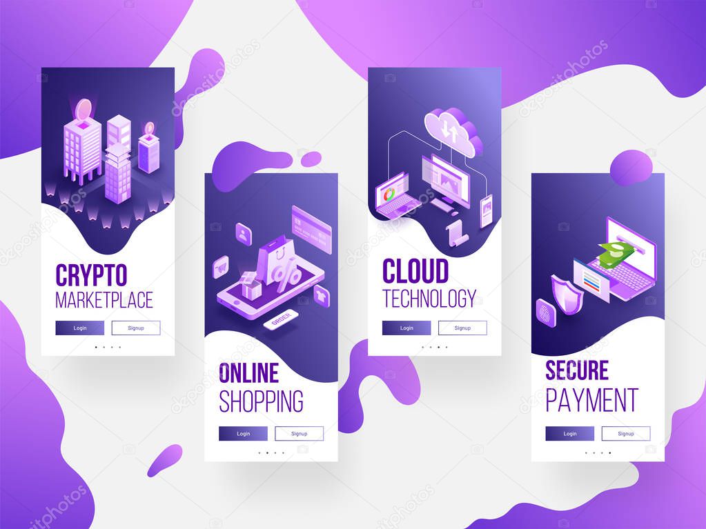 Collection of four different concept based splash screen mockups on purple abstract background.