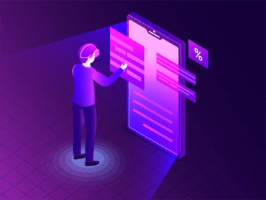 Bir adamın derin öğrenme kavramı için smartphone ile izometrik çizimde duyarlı web afiş tasarım dayalı.
