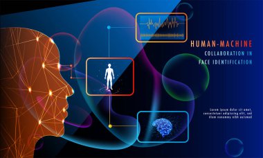 İnsan makine işbirliği içinde yüz tanımlama kavramı, insan yüzü duyarlı web şablon tasarımı parlak mavi zemin üzerine mesh ağ ile yapılan.