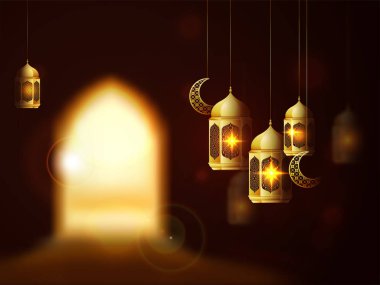 Parlak altın fener ve hilal ay şekli süsler ve bir kapı vizyonu bulanıklık. Kurban Bayramı-arka plan İslam Festivali.