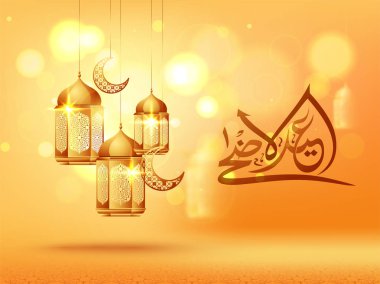 Kurban arka plan parlak altın fenerler ve hilal ay şekli süsler Arapça metinle kaligrafi Eid Bayramı mübarek, İslam Festivali.