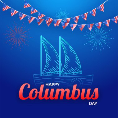 Mutlu bayram günü başlık sayfası veya poster tasarım çizim satırı sanat tekne ile dekore edilmiş Amerikan bayrağı rengi parlak mavi kutlama arka plan üzerinde bayraklarda kiraz kuşu.