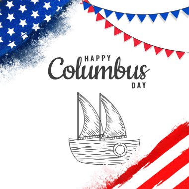 Mutlu bayram günü metin satırı sanat tekne ile illüstrasyon kiraz kuşu bayrakları Amerikan bayrağı renkli fırça konturu arka plan üzerinde dekore edilmiş.