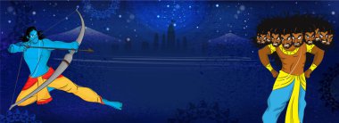 Hindu mitolojik Tanrı Rama iblis Ravana kavramı Dussehra Festivali için karşı bir amaç gece arka plan üzerine alarak. Banner tasarımı. 