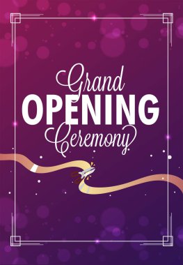 Parlak şablonu veya el ilanı tasarımı için Grand açılış töreni altın şerit çizim ile.