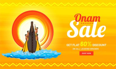Onam festival satış % 60 indirim teklif ve illüstrasyon insanlar katılan yılan teknenin reklam konsepti için parlak turuncu zemin üzerine (Vallamkali) yarış.