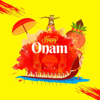 Güneyde Hint Festivali kavramı, yılan Boat Racing (Vallamkali), kaplan dansı (Pulikali), geleneksel şemsiye ve ibadet Pot kültür Kerala sarı fırça üzerinde gösterilen örnek arka plan inme.