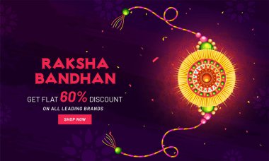 Düz % 60 indirim teklif Raksha Bandhan için festival, banner tasarımı parlak altın serdar (Bileklik) ile mor arka plan üzerinde olsun..