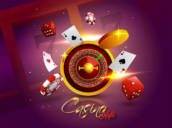 Casino Night Background Chips Coins Dice Roulette Wheel Playing Cards — Stock Vector