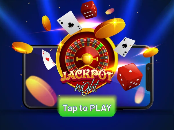 Jackpot Gece Metinle Cips Paralar Zar Rulet Tekerleği Parlak Mavi — Stok Vektör