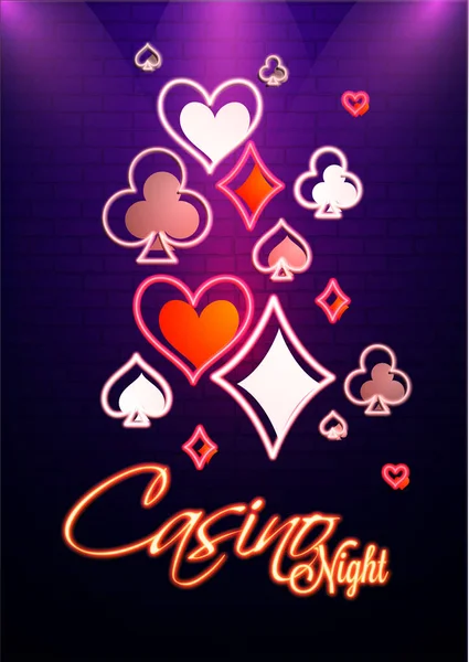 Neon Szöveg Casino Night Illusztrációja Szívét Gyémánt Lóhere Ász Lila — Stock Vector