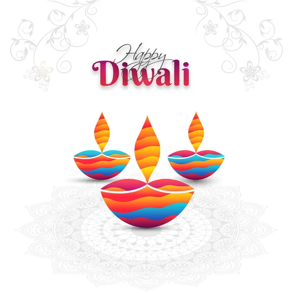 花曼荼羅の照らされたカラフルな石油ランプ Diya ディワリ祭お祝いのための白い背景を装飾されています グリーティング カードのデザインとして使用することができます — ストックベクタ