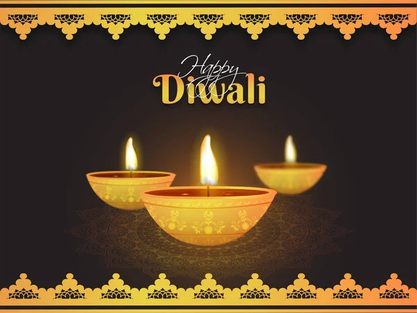 Shiny Golden Lit Lamps Brown Ornamental Background Diwali Festival Celebration — Stock Vector