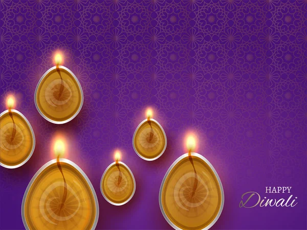 Illuminated Oil Lamps Seamless Purple Background Diwali Festival Celebration Concept — Stock Vector