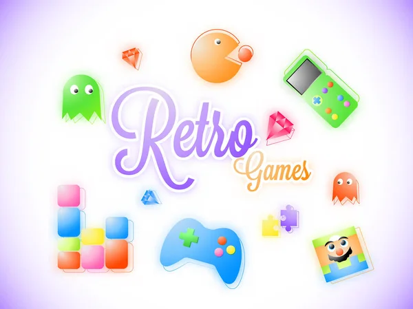 Sticker Style Text Retro Game Gaming Icon Shiny Purple Background — Stock Vector