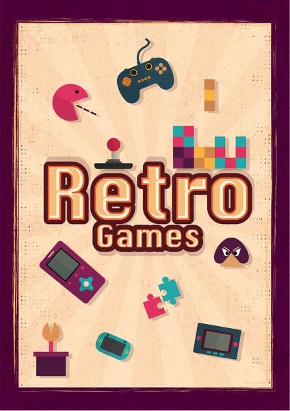 Retro Game template or flyer design with vintage game icons on rays background.