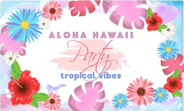 Aloha Hawaii Party Template Flyer Design Decorated Tropical Leaves Colorful — Stock Vector
