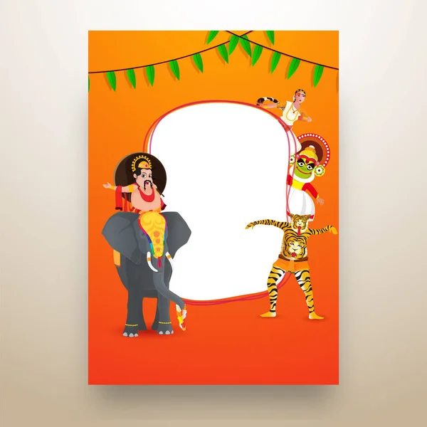 Ilustración Del Rey Mahabali Sentado Elefante Bailarines Interpretando Formas Tradicionales — Vector de stock