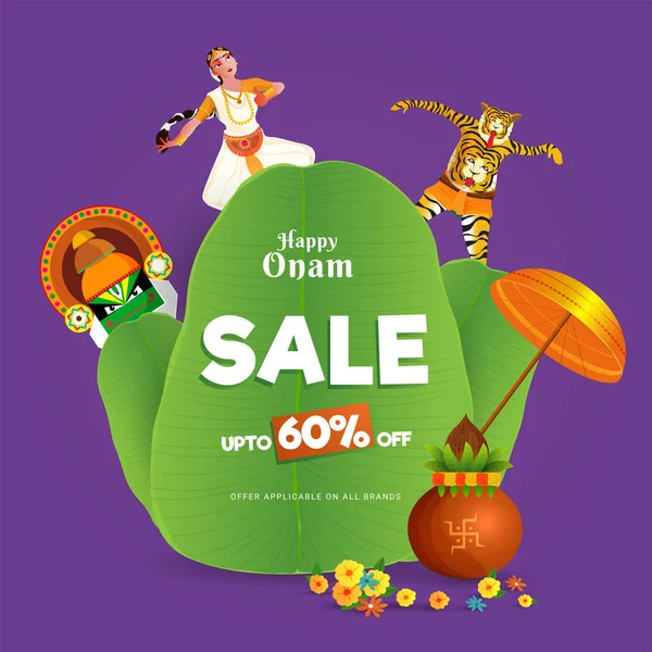 Vente Onam Avec Offre Réduction Différentes Formes Danse Traditionnelle Kerala — Image vectorielle