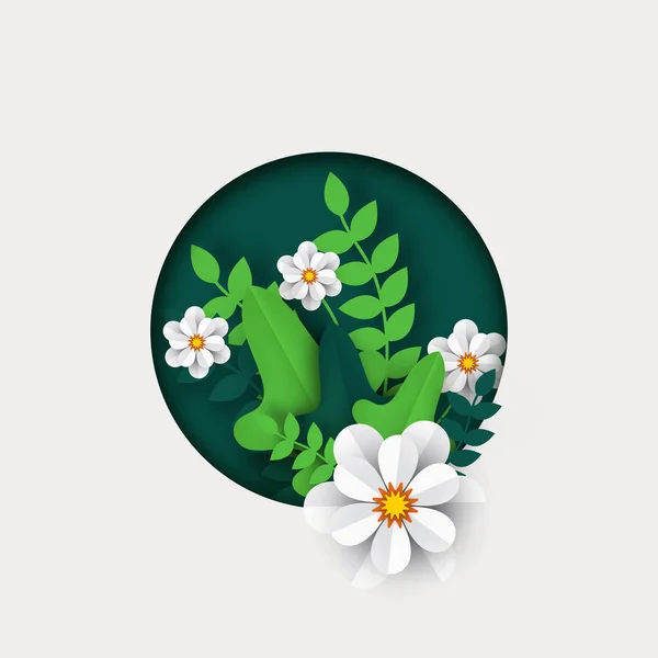 Красивый Стиль Бумаги Вырезать Белые Цветы Зелеными Листьями Фоне Наклейки — стоковый вектор