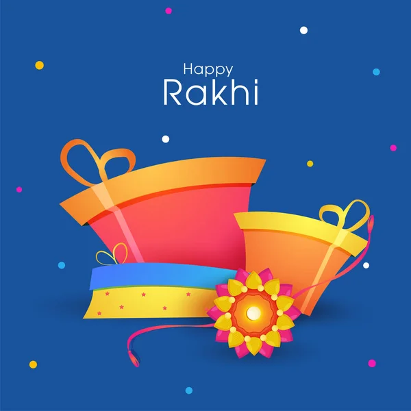 贺卡设计与插图的礼品盒 钱袋和 Rakhi 在蓝色背景罗刹 Bandhan 节日概念 — 图库矢量图片