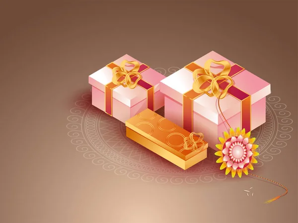Иллюстрация Красивых Ракхи Браслет Подарочными Коробками Блестящем Коричневом Мандальном Фоне — стоковый вектор