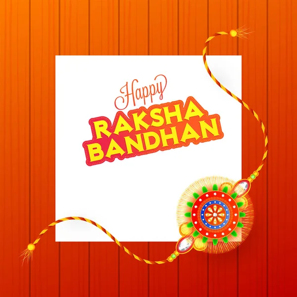 Happy Raksha Bandhan Greeting Card Design Rakhi Wristband Orange Wooden — Stock Vector