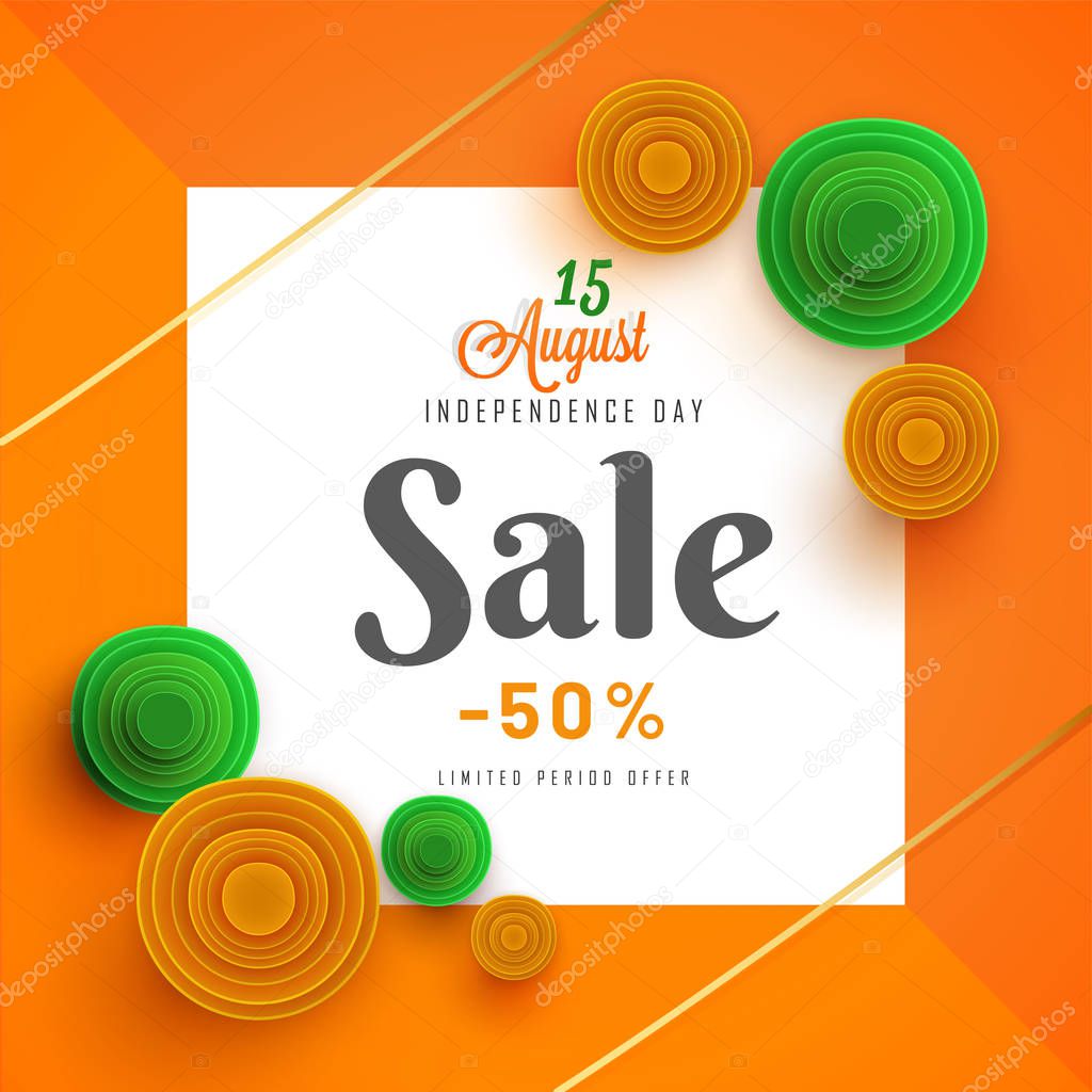 50% off offer sale poster design for Independence Day celebration with saffron and green quilling flowers decorated square frame. 15 August celebration concept.
