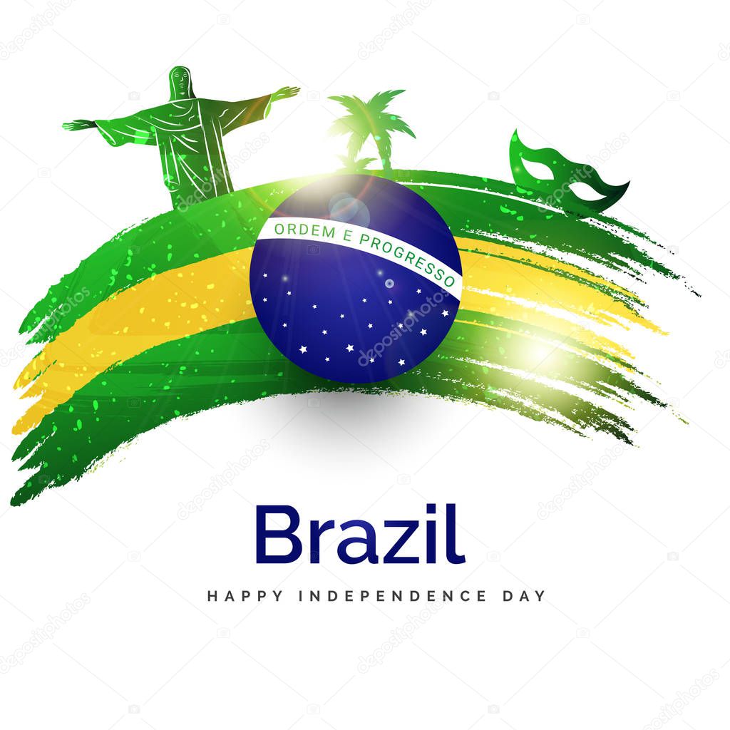 Independence Day of Brazil poster or banner design, famous elements of Brazil with abstract brush stroke in National Flag colors.
