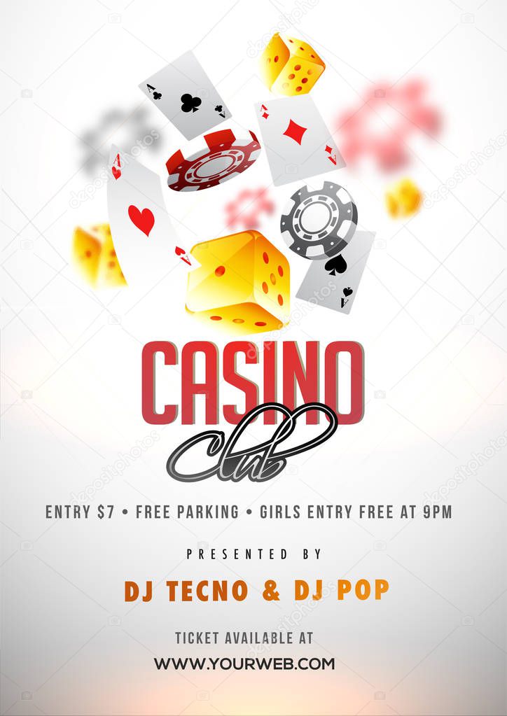 Shiny white Casino Club poster or flyer design with illustration of 3D casino elements.