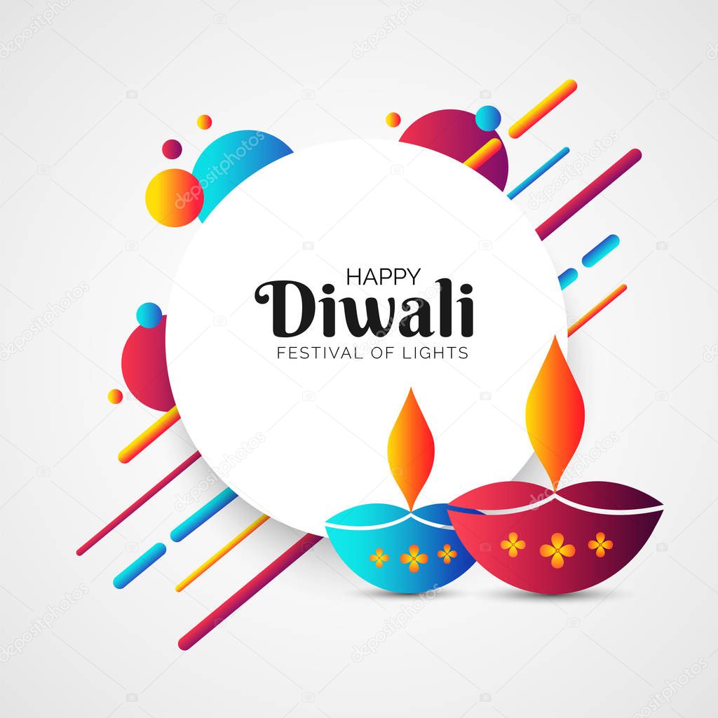 Indian festival of lights, Diwali celebration greeting card design with lit lamps and abstract elements decorated on white background.