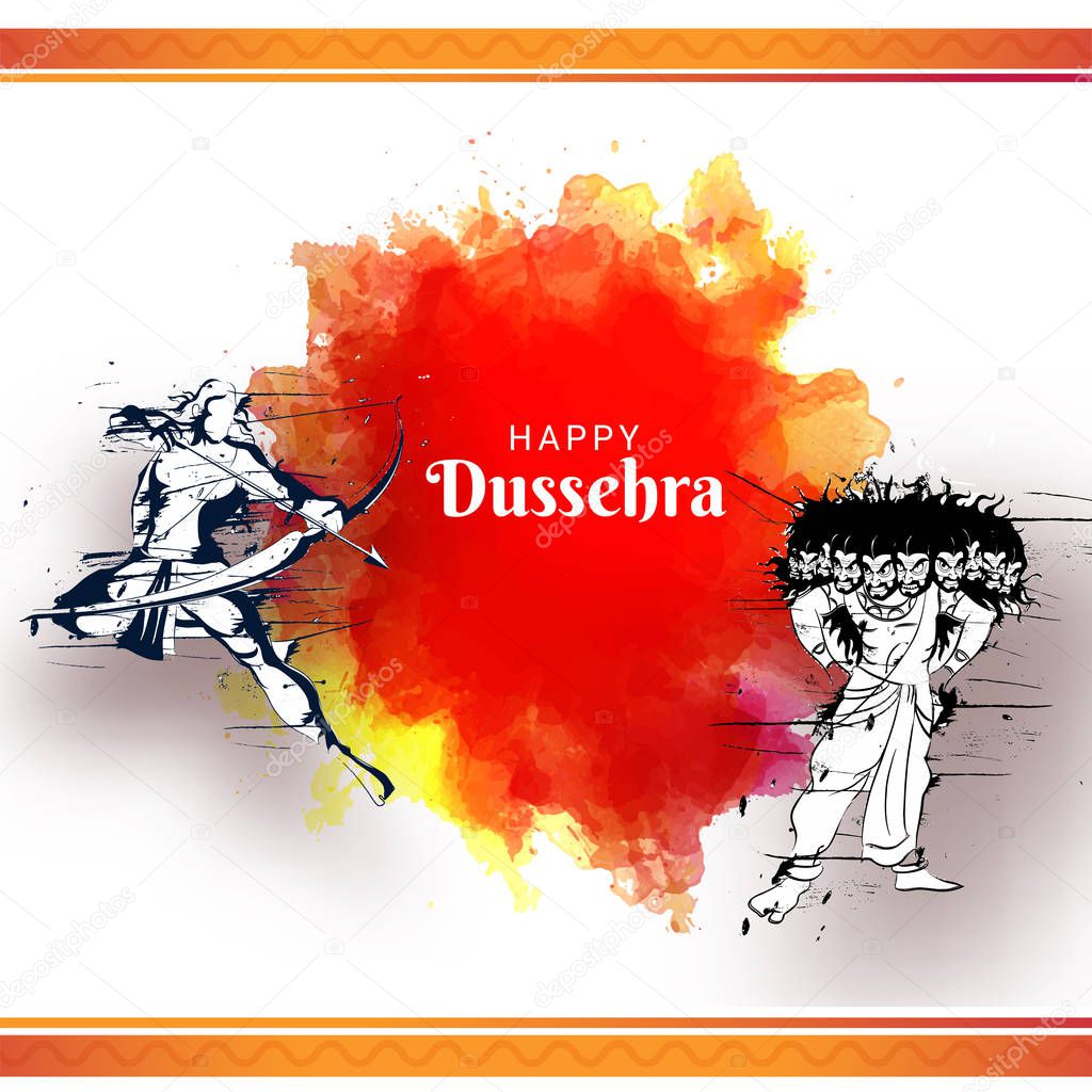 Illustration of Hindu mythological Lord Rama and demon Ravana on abstract background. Background for Dussehra Festival. 