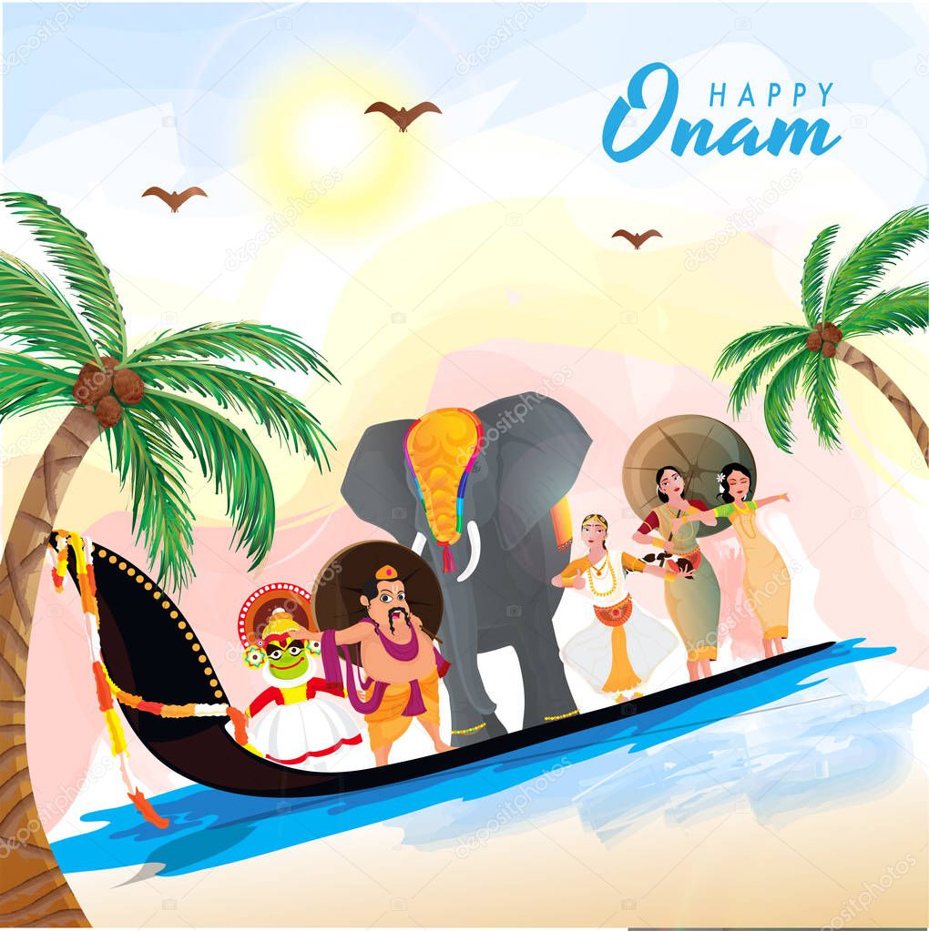 Happy Onam celebration concept illustration of King Mahabali, Kathakali dancer, Classical dancer, Elephant and Snake Boat Racing showing culture of Kerala on nature view background.
