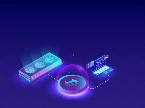 Glühende Mining Oder Bitcoin Server Mit Laptop Auf Blauem Hintergrund — Stockvektor