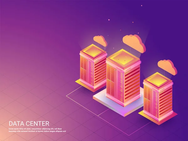 Три Сервера Данных Облачные Серверы Соединенные Друг Другом Блестящем Фиолетовом — стоковый вектор