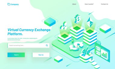Sanal Döviz Alım Satım platformu kavramı izometrik kripto sunucularıyla exchange sanal para gerçek para için duyarlı açılış sayfası tasarımı için.