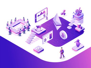Sanal Döviz Alım Satım platformu, insanların çalışma sarılır, analist analiz veri duyarlı web şablon tasarımı 3d çizimi.