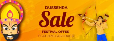 Dussehra Satılık üstbilgi veya %20 cashback teklif, Hindu mitolojik Tanrı Rama turuncu arka plan festival kutlaması için iblis Ravana doğru bir amaç alarak ile banner tasarımı.