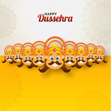 İblis Ravana yüz çiçek süs arka plan üzerinde on onun başkanları ile gülümseyen mutlu Dussehra Festivali kutlama arka plan. Tebrik kartı tasarımı olarak kullanılabilir.