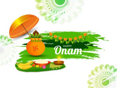 Kandil ve gıda muz yaprağı, altın şemsiye ve ibadet potu yeşil fırça konturu arka plan çizimi ile Onam Festivali için posteri veya başlığı tasarım çiçek mandala ile dekore edilmiştir..