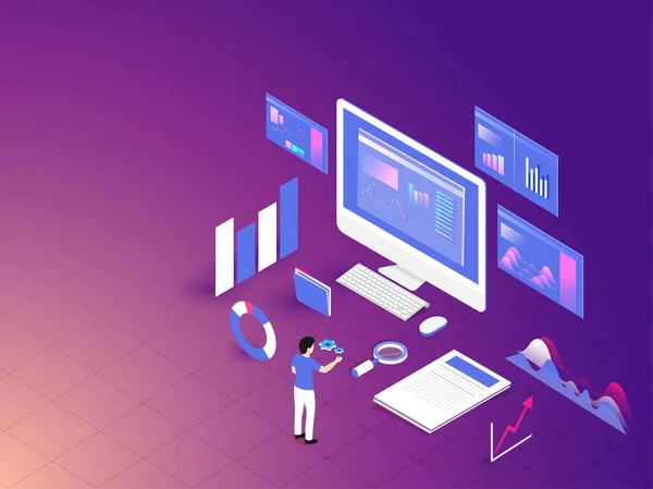 Ilustração Diferentes Elementos Infográficos Gráfico Barras Financeiras Com Computador Design — Vetor de Stock