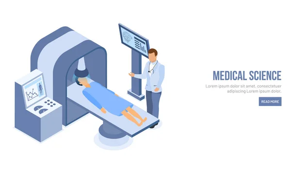 Caráter Isométrico Médico Fazendo Tomografia Paciente Para Design Landing Page — Vetor de Stock