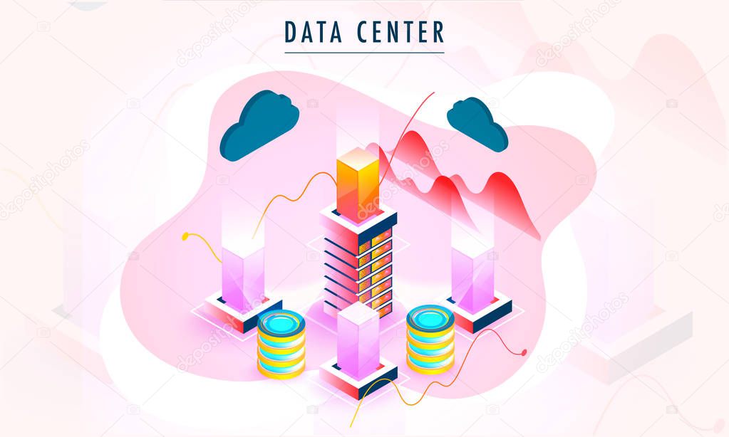 Responsive landing page or web template design with 3D illustration of server connected with cloud server and business infographic graph for Data center concept.