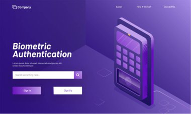 Biyometrik kimlik doğrulaması kavramı, oturum açma veya kaydolma sayfasına biyometrik makine ya da parmak izi inceden inceye gözden geçirmek parlak mor zemin üzerine izometrik çizim ile. Duyarlı web tasarım şablonu.