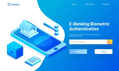 E-bankacılık biyometrik kimlik doğrulama kavramı, duyarlı web şablonu tasarım bankacılık App akıllı telefon ekranında izometrik çizim ile.