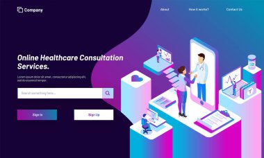 Online Sağlık Danışma Servisi platformu smartphone, Doktor, hasta ve tıbbi aletleri duyarlı web şablon tasarımı izometrik çizim ile.