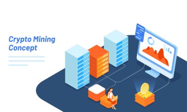 Duyarlı açılış sayfası tasarımı, izometrik görünüm sunucuları ile kripto madalyonun bilgisayar kripto incelemesi kavramı için bağlı..