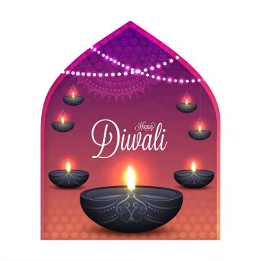 Güzel Diwali kutlama tebrik kartı tasarımı ile ışıklı yağ lambaları (Diya) parlak zemin üzerine.