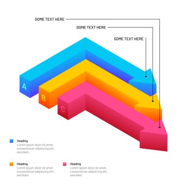 İzometrik renkli oklar Infographic öğeleri kavramı, büyüme ve başarı için üç düzeyleri ile.