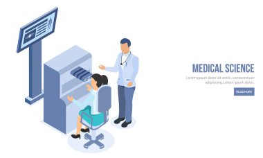 Duyarlı açılış sayfası tasarımı göz muayenesi için tıp biliminin oftalmik odasında yapıyor Doktor izometrik karakteri olan.